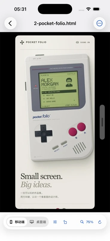 展页中打开的 Pocket Folio 交互网页
